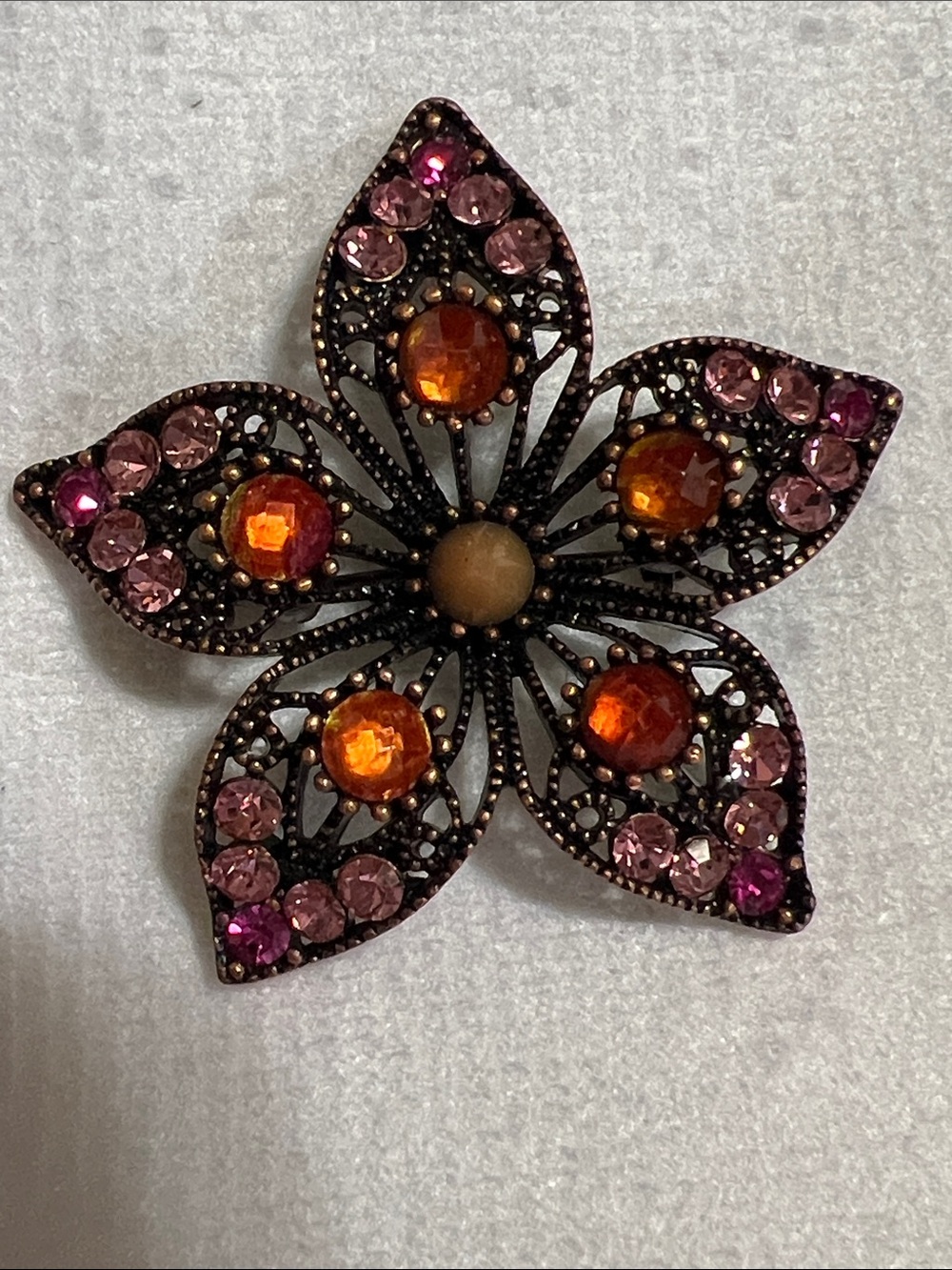 Vintage Pink & Orange Crystal Flower Filigree Brooch Pin Bohemian Fashion MCM